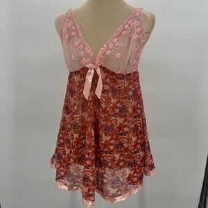 Pink Floral Mesh Babydoll Chemise Lace Sequin Lingerie Nightie Large 2650BD-1